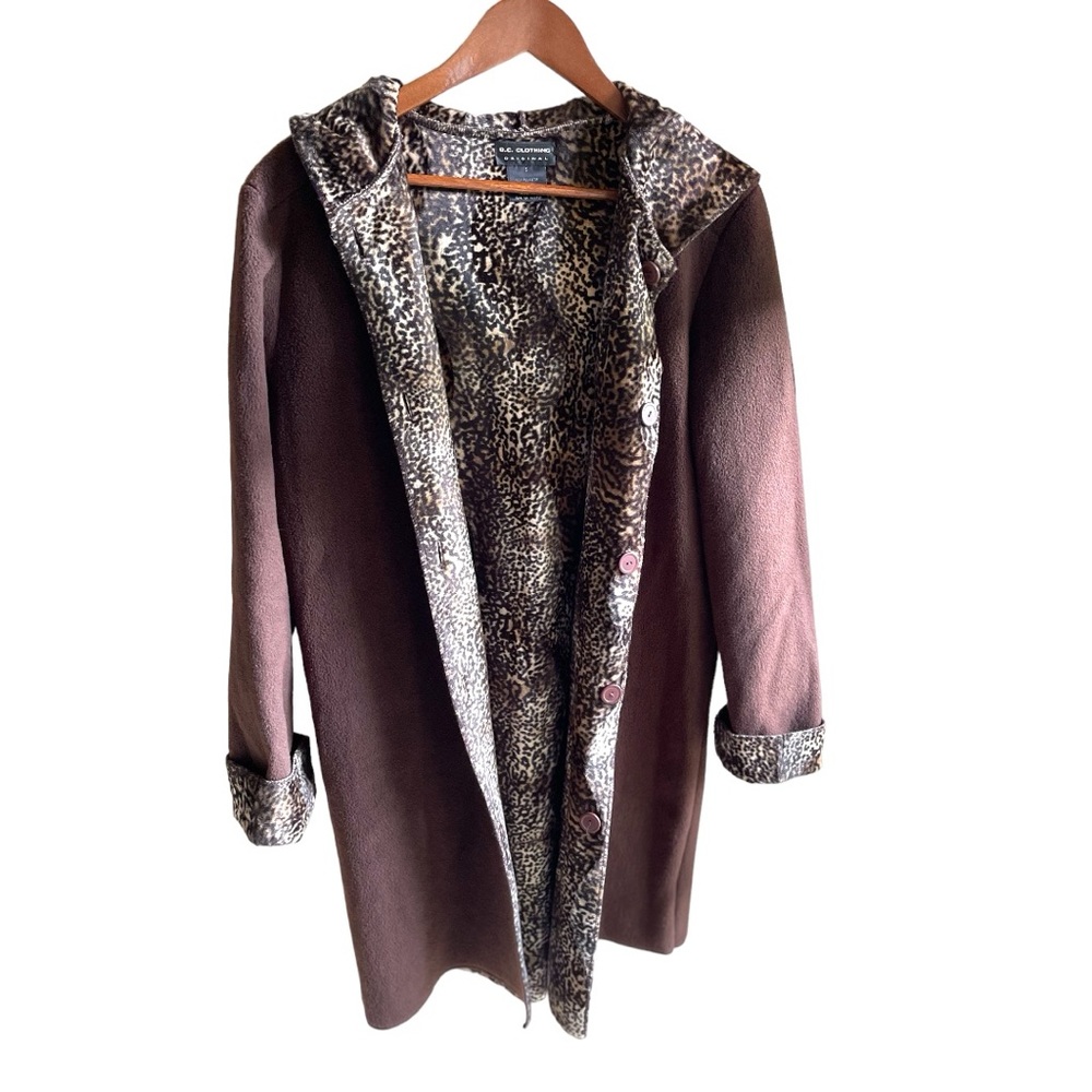 Leopard Print/Brown Fully Reversible Cozy Fleece Hooded Coat. Small